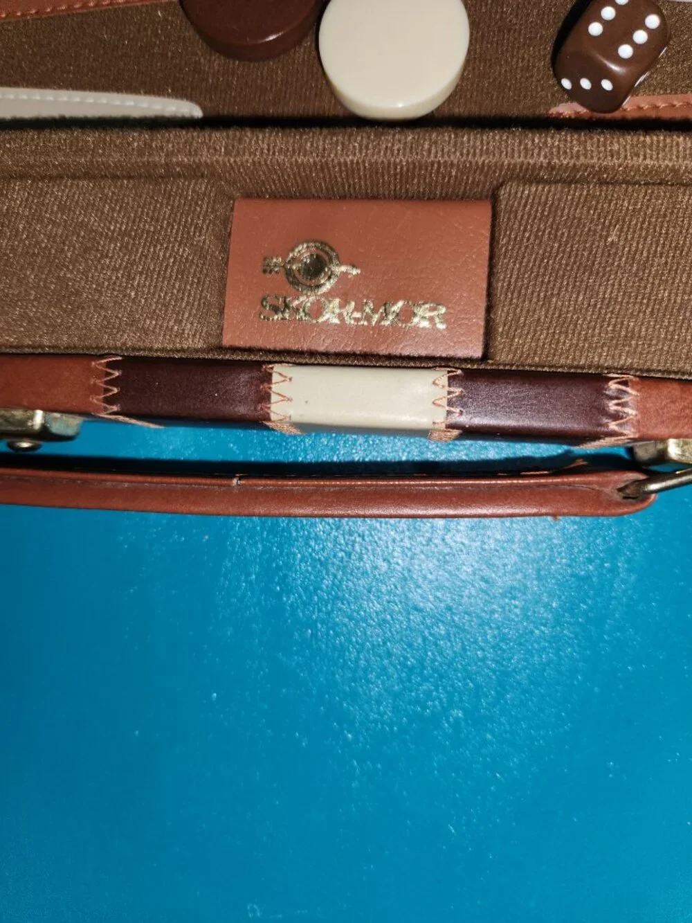Vintage SKOR-MOR Backgammon Set Brown Leatherette Briefcase Complete Great Condi